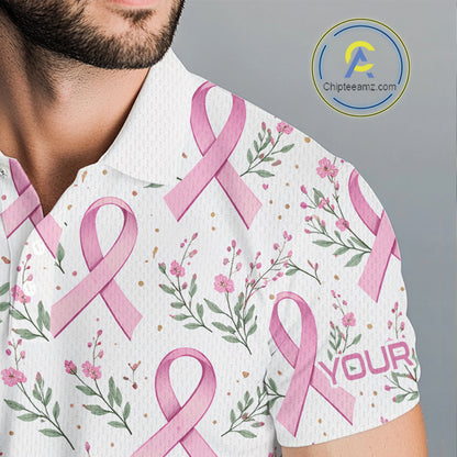 Pink ribbons floral pattern Breast Cancer golf polo shirts for men Custom team golf attire for men NQS11551