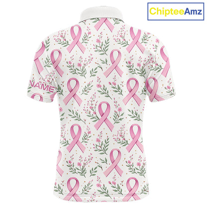 Pink ribbons floral pattern Breast Cancer golf polo shirts for men Custom team golf attire for men NQS11551