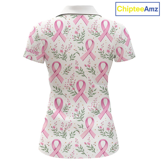 Pink ribbons floral pattern Breast Cancer golf polo shirts for Women Custom team ladies golf attire NQS11551