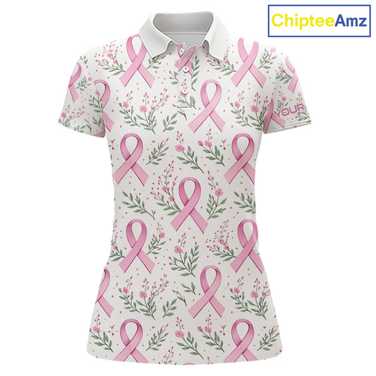 Pink ribbons floral pattern Breast Cancer golf polo shirts for Women Custom team ladies golf attire NQS11551