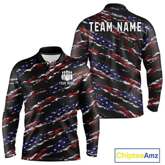 Black American Flag pattern bowling shirt for men custom patriotic jerseys team bowling gifts for men NQS11552
