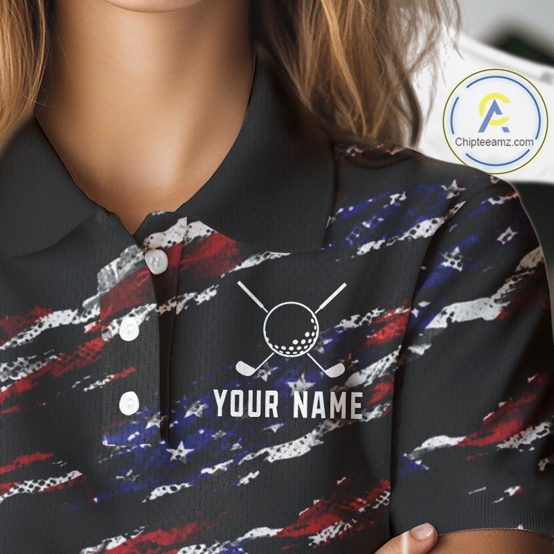 Black American Flag pattern Golf Polo shirts for Women custom ladies patriotic golf shirts NQS11553