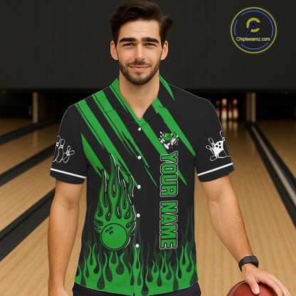 Black and Green Flame Retro Bowling Button-up Shirt Custom Vintage Team Hawaiian Bowling Jersey NQS11677