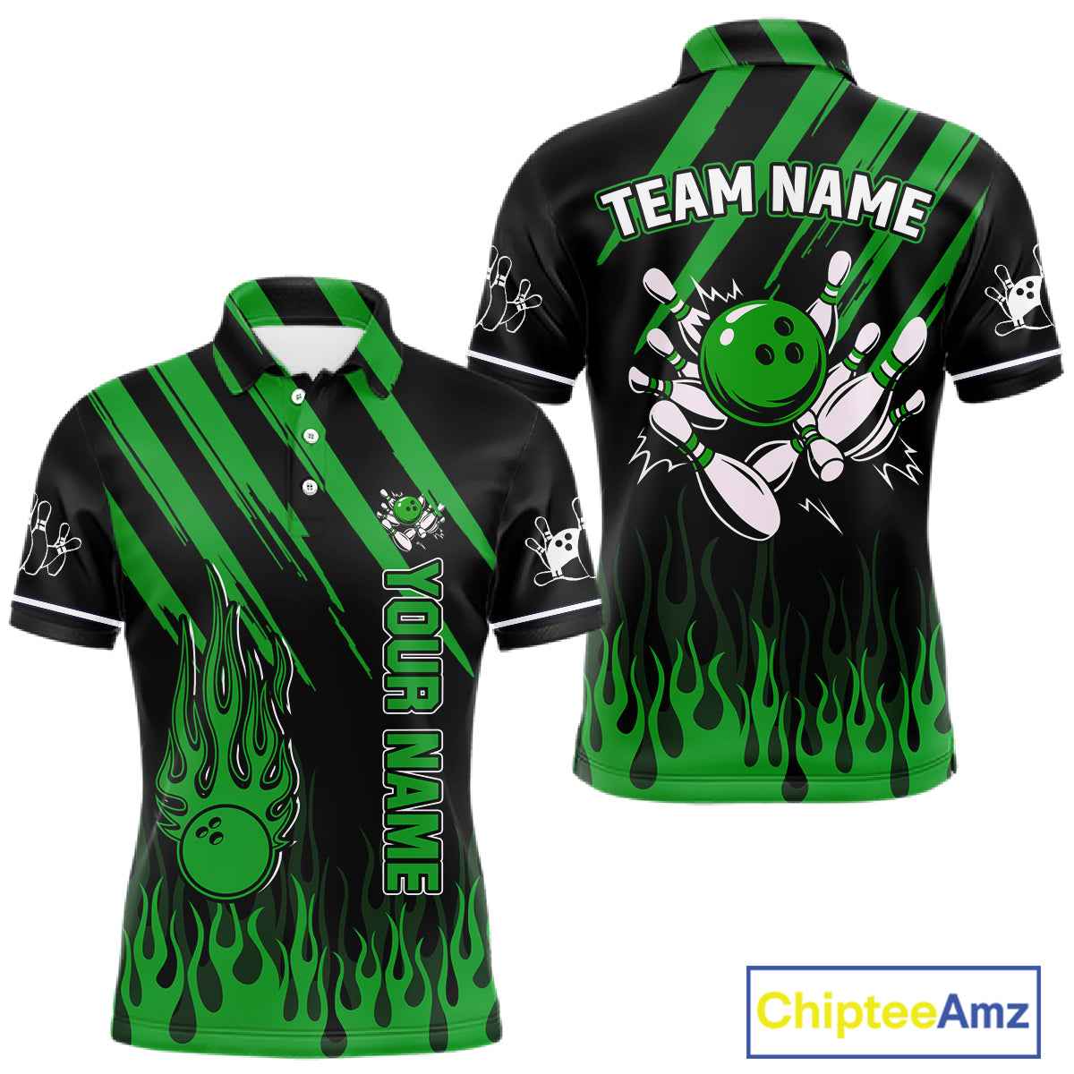Black and Green Flame Retro Bowling Polo, 1/4 Zip Shirt for Men Custom Vintage Team Bowling Jersey NQS11677