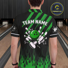 Load image into Gallery viewer, Black and Green Flame Retro Bowling Polo, 1/4 Zip Shirt for Men Custom Vintage Team Bowling Jersey NQS11677