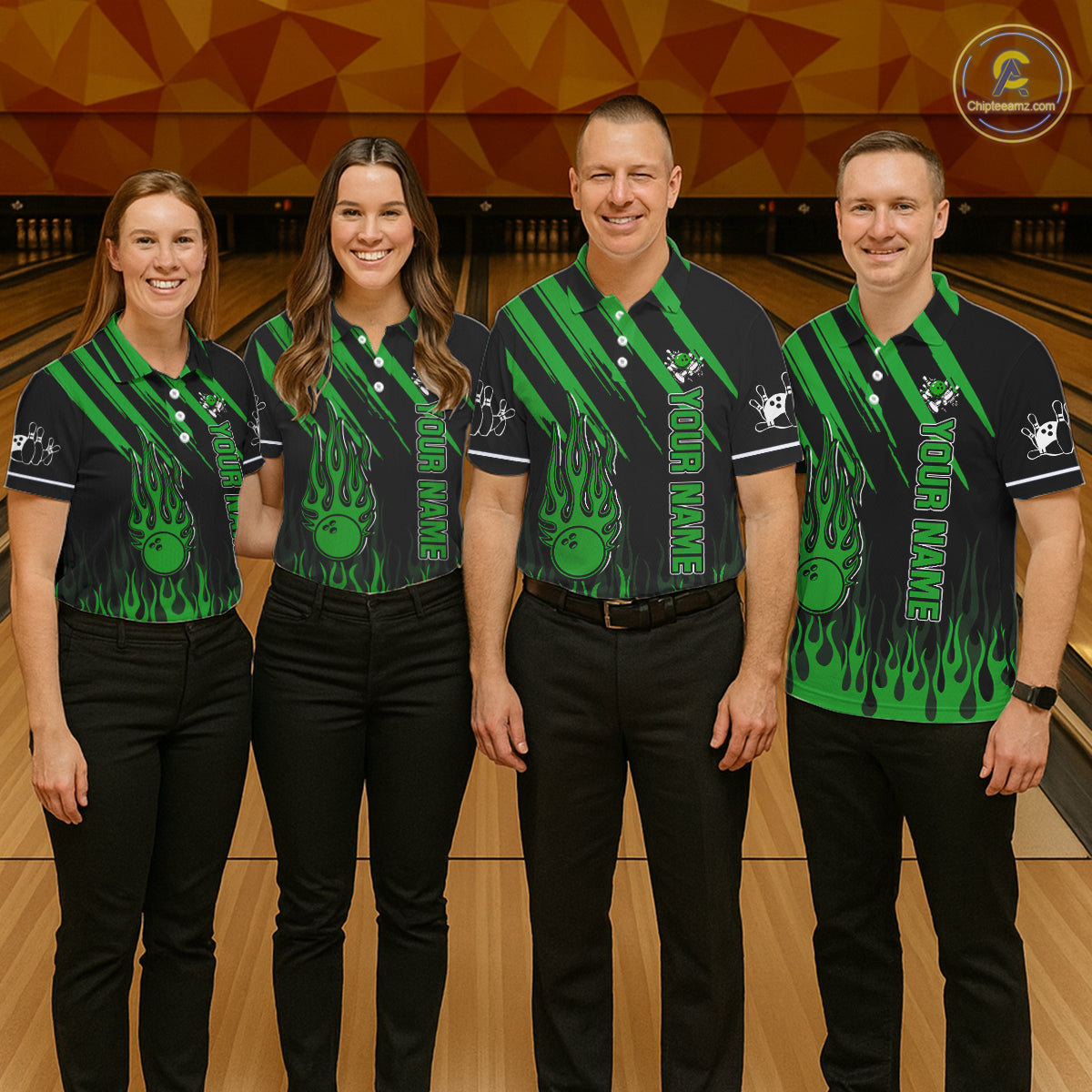 Black and Green Flame Retro Bowling Polo, 1/4 Zip Shirt for Women Custom Vintage Team Bowling Jersey NQS11677