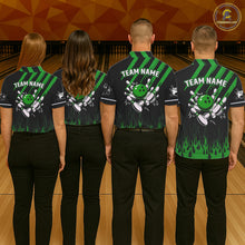 Load image into Gallery viewer, Black and Green Flame Retro Bowling Polo, 1/4 Zip Shirt for Men Custom Vintage Team Bowling Jersey NQS11677