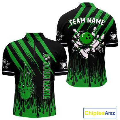 Black and Green Flame Retro Bowling Polo, 1/4 Zip Shirt for Men Custom Vintage Team Bowling Jersey NQS11677