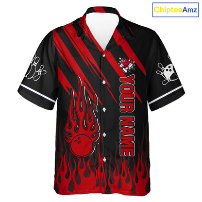 Black and Red Flame Retro Bowling Button-up Shirt Custom Vintage Team Hawaiian Bowling Jersey NQS11678