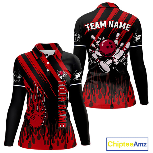 Black and Red Flame Retro Bowling Polo, 1/4 Zip Shirt for Women Custom Vintage Team Bowling Jersey NQS11678