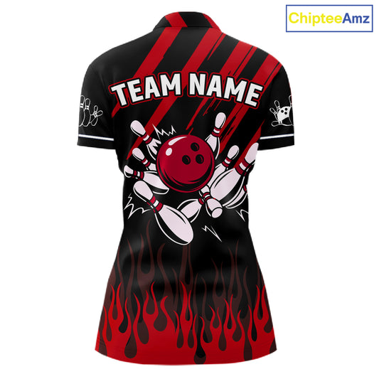 Black and Red Flame Retro Bowling Polo, 1/4 Zip Shirt for Women Custom Vintage Team Bowling Jersey NQS11678