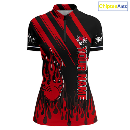 Black and Red Flame Retro Bowling Polo, 1/4 Zip Shirt for Women Custom Vintage Team Bowling Jersey NQS11678