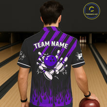 Load image into Gallery viewer, Black and Purple Flame Retro Bowling Button-up Shirt Custom Vintage Team Hawaiian Bowling Jersey NQS11679