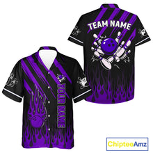 Load image into Gallery viewer, Black and Purple Flame Retro Bowling Button-up Shirt Custom Vintage Team Hawaiian Bowling Jersey NQS11679