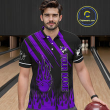Load image into Gallery viewer, Black and Purple Flame Retro Bowling Polo, 1/4 Zip Shirt for Men Custom Vintage Team Bowling Jersey NQS11679
