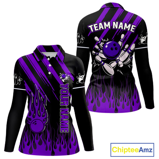 Black and Purple Flame Retro Bowling Polo, 1/4 Zip Shirt for Women Custom Vintage Team Bowling Jersey NQS11679