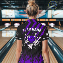 Load image into Gallery viewer, Black and Purple Flame Retro Bowling Polo, 1/4 Zip Shirt for Women Custom Vintage Team Bowling Jersey NQS11679