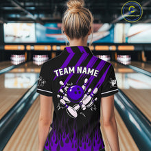 Load image into Gallery viewer, Black and Purple Flame Retro Bowling Polo, 1/4 Zip Shirt for Women Custom Vintage Team Bowling Jersey NQS11679