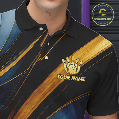 Blue and Gold Bowling ball Polo, Quarter Zip Shirts for Men Custom Bowling Outfit Team bowlers jersey NQS10032