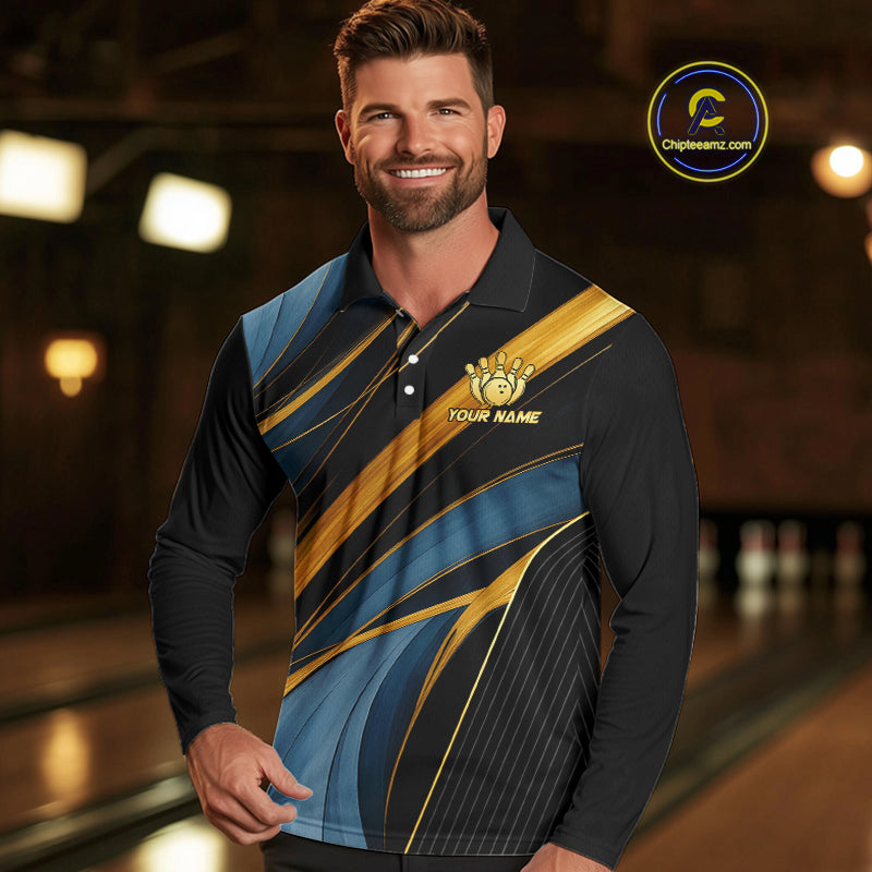 Blue and Gold Bowling ball Polo, Quarter Zip Shirts for Men Custom Bowling Outfit Team bowlers jersey NQS10032