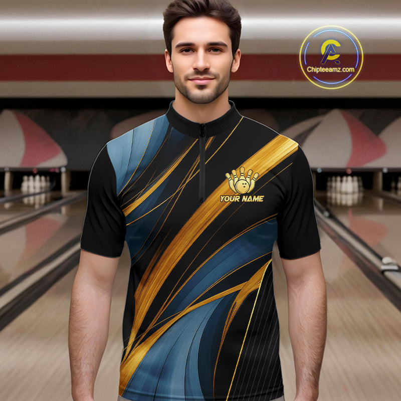 Blue and Gold Bowling ball Polo, Quarter Zip Shirts for Men Custom Bowling Outfit Team bowlers jersey NQS10032