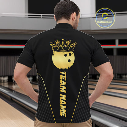 Blue and Gold Bowling ball Polo, Quarter Zip Shirts for Men Custom Bowling Outfit Team bowlers jersey NQS10032