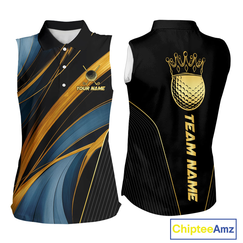 Blue and Gold Women Sleeveless Golf polo shirts Custom Golf Outfit For Ladies Team Golf shirt | Black NQS10033