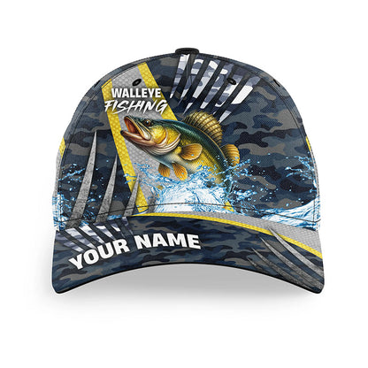 Walleye fishing blue camo Custom Walleye fishing hat Unisex Fishing Baseball Angler hat cap NQS10187