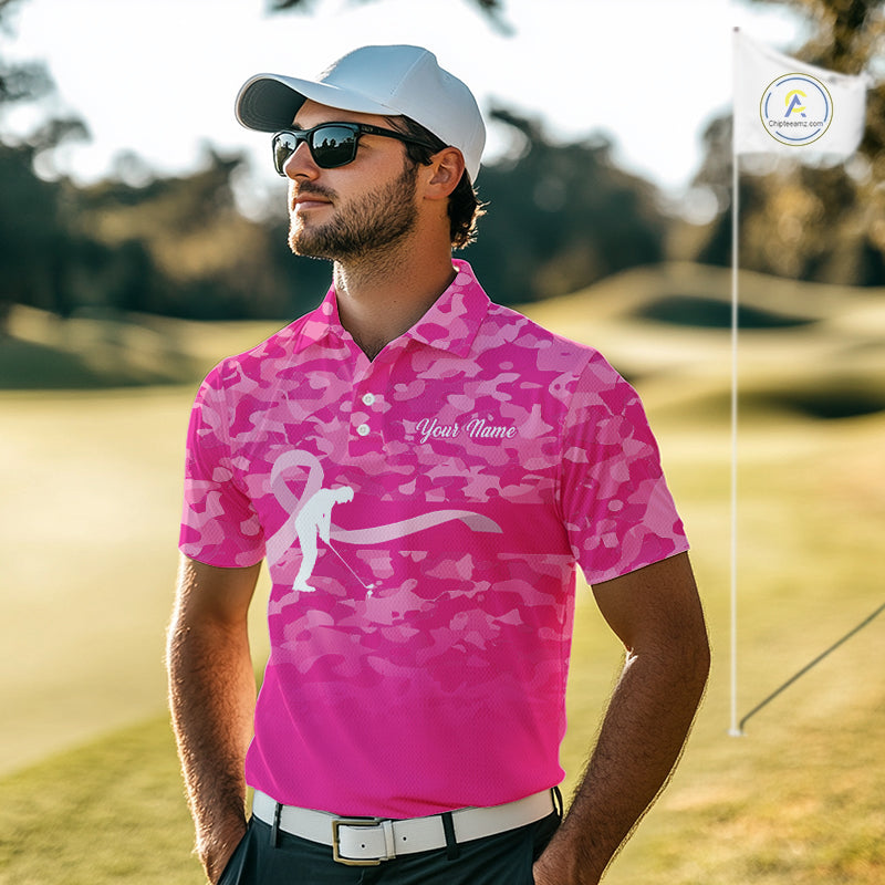 Breast Cancer Awareness golf shirts custom Mens golf polos shirts, pink camo ribbon golf shirts NQS10191