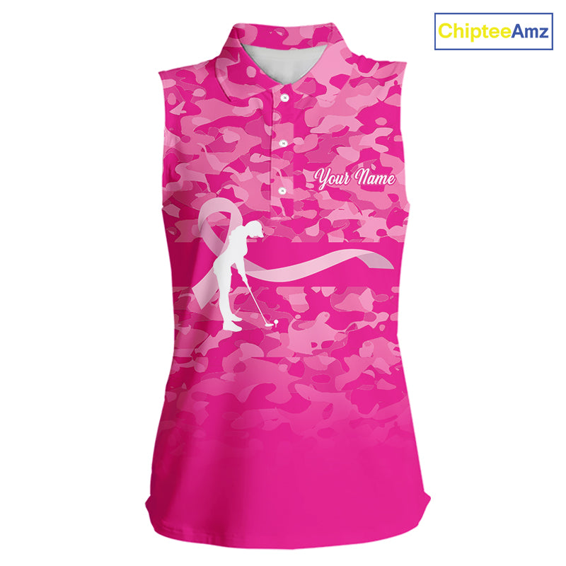 Breast Cancer Awareness golf shirts custom Women sleeveless golf polos, pink camo ribbon golf shirts NQS10191