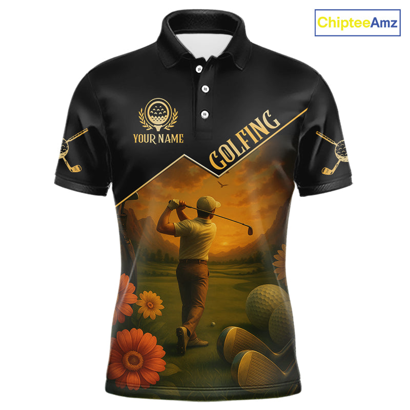 Black & Gold Golf polo shirt for men Custom  Mens golf tops, gift for golfers NQS10339