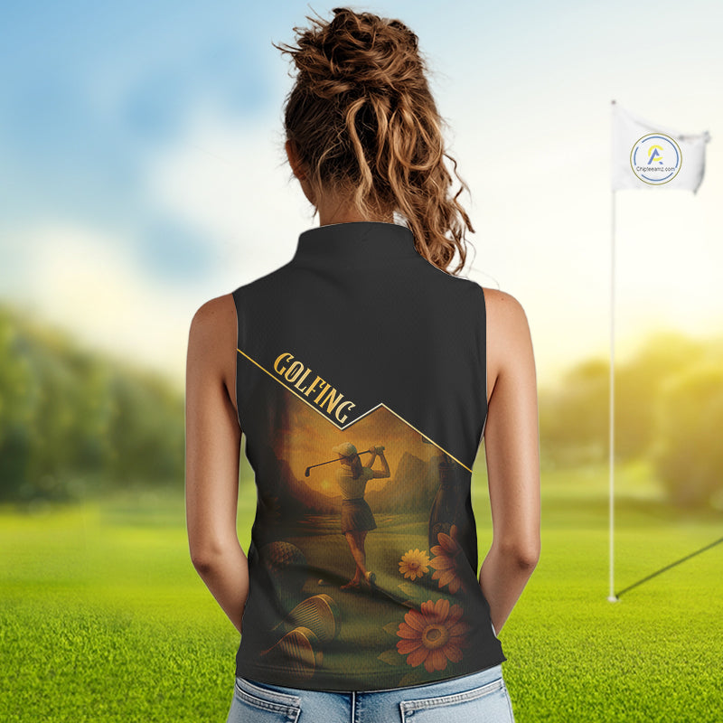 Black & Gold Golf sleeveless polo shirt for Women Custom Ladies golf tops, gift for golfers NQS10339