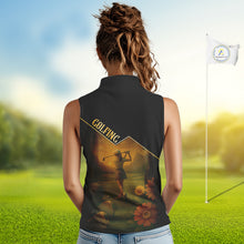 Load image into Gallery viewer, Black &amp; Gold Golf sleeveless polo shirt for Women Custom Ladies golf tops, gift for golfers NQS10339