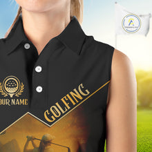 Load image into Gallery viewer, Black &amp; Gold Golf sleeveless polo shirt for Women Custom Ladies golf tops, gift for golfers NQS10339