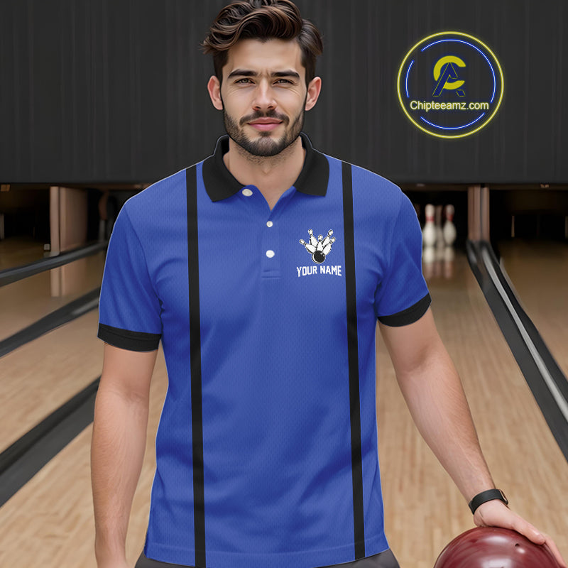 Retro Bowling Polo, Quarter Zip shirts For Men custom bowling team shirts Bowler Outfits | Blue NQS10546
