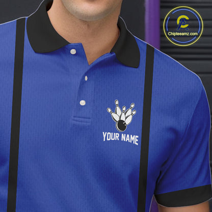Retro Bowling Polo, Quarter Zip shirts For Men custom bowling team shirts Bowler Outfits | Blue NQS10546