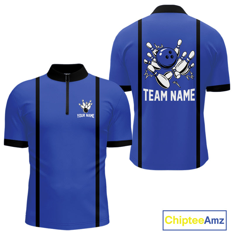 Retro Bowling Polo, Quarter Zip shirts For Men custom bowling team shirts Bowler Outfits | Blue NQS10546