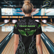 Load image into Gallery viewer, Personalized Black And Green tribal pattern Bowling Shirts For Women, angel wings Bowling Team jersey NQS10759