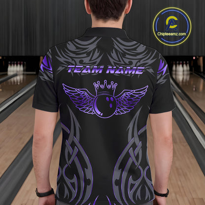 Personalized Black And Purple tribal pattern Bowling Shirts For Men, angel wings Bowling Team jerseys NQS10760