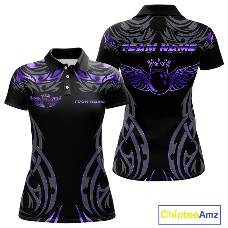 Personalized Black And Purple tribal pattern Bowling Shirt For Women, angel wings Bowling Team jersey NQS10760