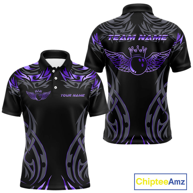 Personalized Black And Purple tribal pattern Bowling Shirts For Men, angel wings Bowling Team jerseys NQS10760