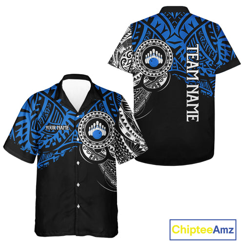 Personalized Black and Blue Tribal pattern Hawaiian bowling shirt Custom Team Bowling outfits NQS10762