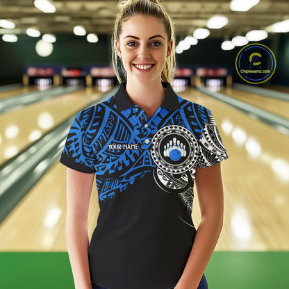 Personalized Black and Blue Tribal pattern Women Bowling Shirt Custom Team Bowling outfit for ladies NQS10762