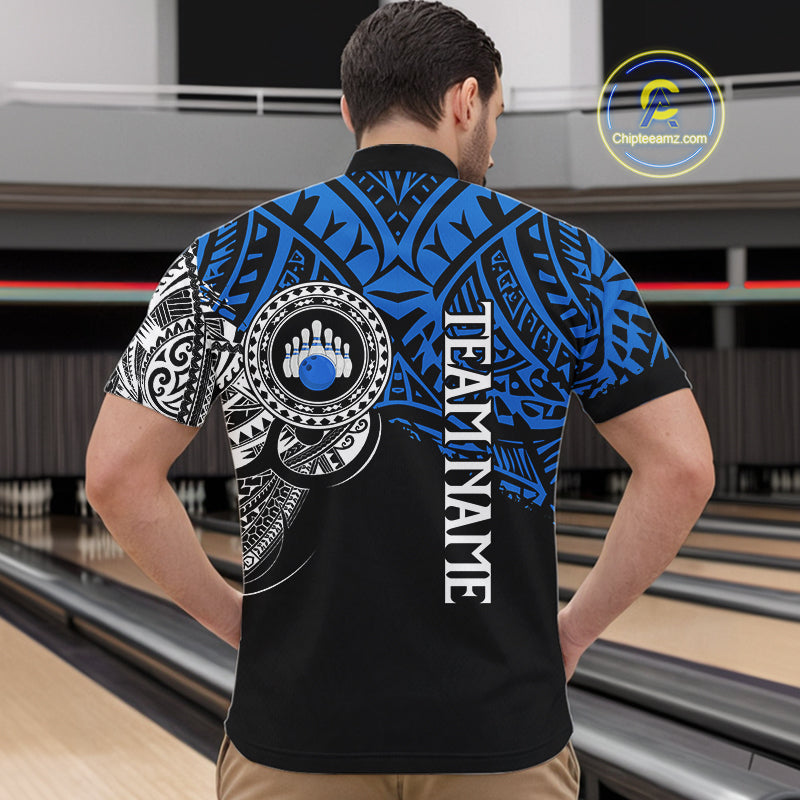Personalized Black and Blue Tribal pattern Mens Bowling Shirts Custom Team Bowling outfit for men NQS10762