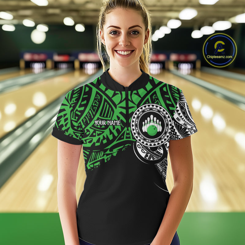 Personalized Black and Green Tribal pattern Women Bowling Shirt Custom Team Bowling outfit for ladies NQS10763