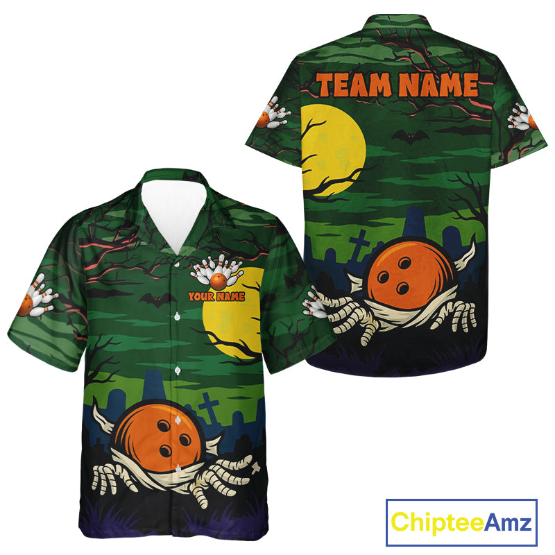 Funny Halloween Bowling Hawaiian Shirt Custom Halloween Team Bowling Button Up Shirt NQS10765