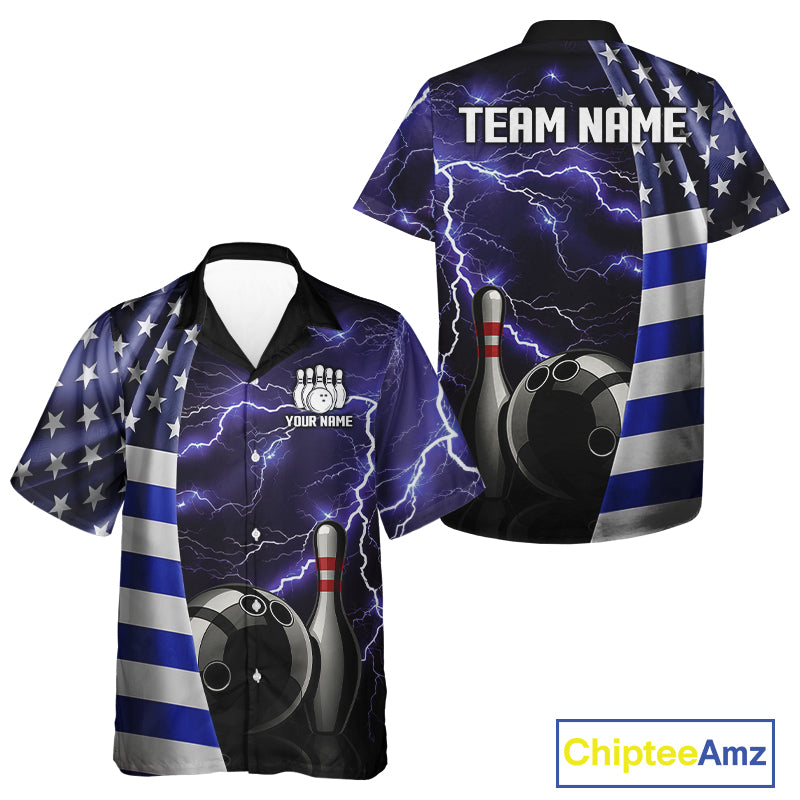 Blue Lightning Thunder American Flag Hawaiian bowling jersey Custom patriotic team bowling shirt NQS10960
