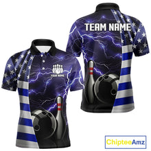 Load image into Gallery viewer, Blue Lightning Thunder American Flag Bowling Shirts For Men Custom patriotic team bowling jerseys NQS10960