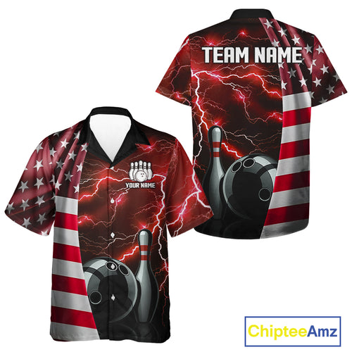 Red Lightning Thunder American Flag Hawaiian bowling jersey Custom patriotic team bowling shirt NQS10961
