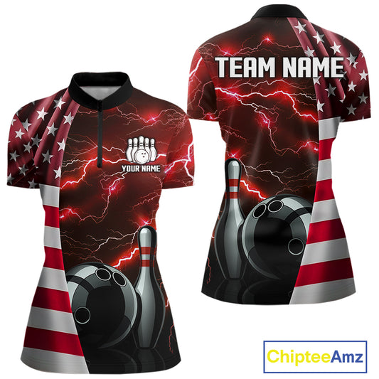 Red Lightning Thunder American Flag Bowling Shirts For Women Custom patriotic team bowling jerseys NQS10961